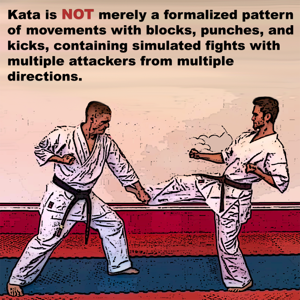 Kata is NOT merely a formalized pattern of movements with blocks, punches, and kicks, containing simulated fights with multiple attackers from multiple directions.  image