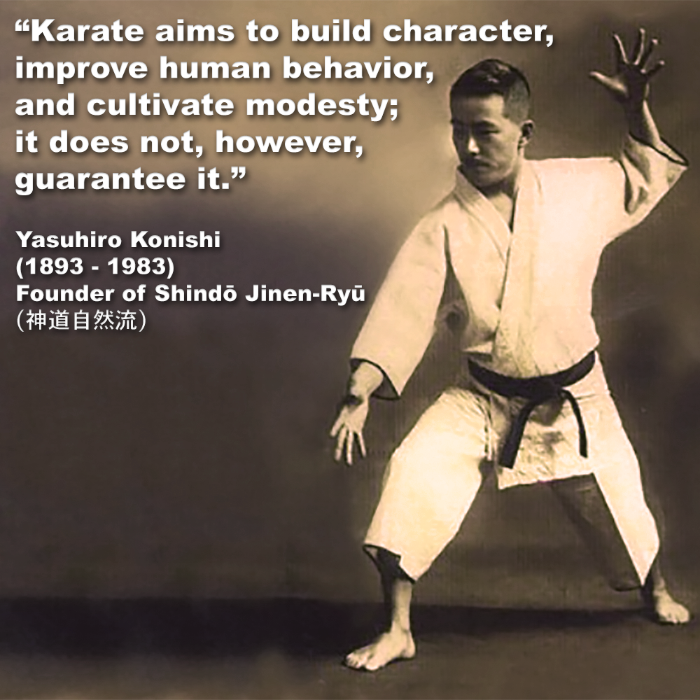 Karate aims to build character, improve human behavior, and cultivate modesty; it does not, however, guarantee it, image