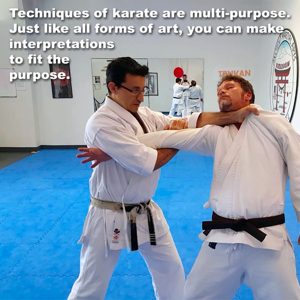 The techniques of karate are multi-purpose, born of principles. Just like all forms of art, you can make interpretations to fit the purpose. image