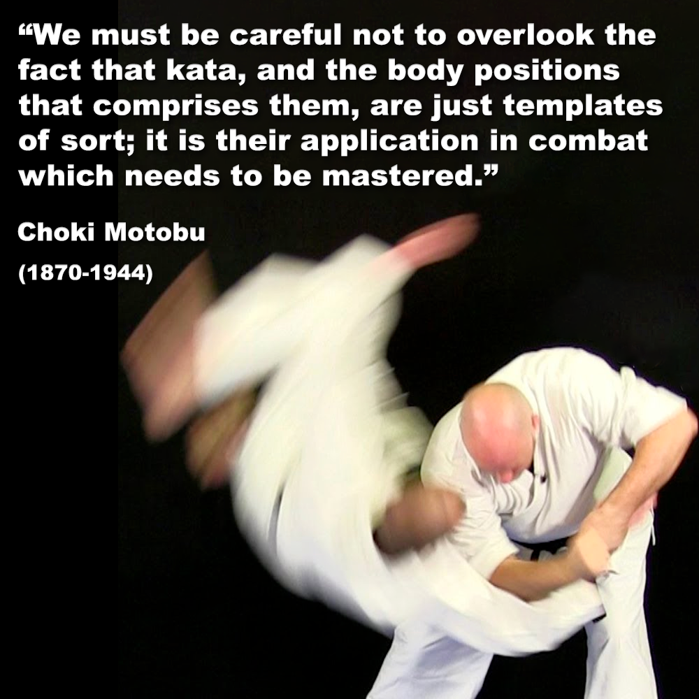 We must be careful not to overlook the fact that kata, and the body positions that comprises them, are just templates of sort; it is their application in combat which needs to be mastered. image