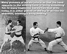 Many pioneers of karate inform us that the hand opposite to the striking hand is ‘doing something’. image