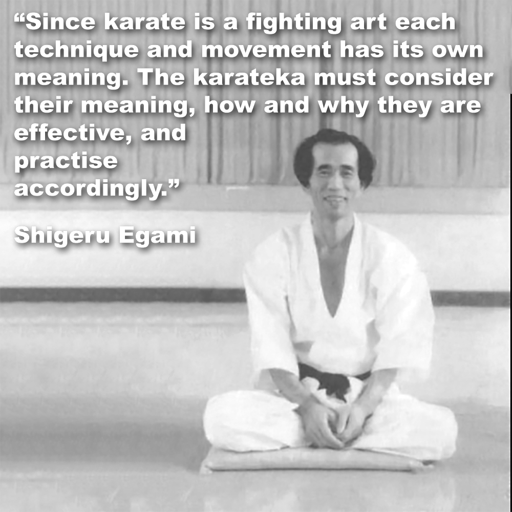 Since karate is a fighting art each technique and movement has its own meaning. The karateka must consider their meaning, how and why they are effective, and practise accordingly. image